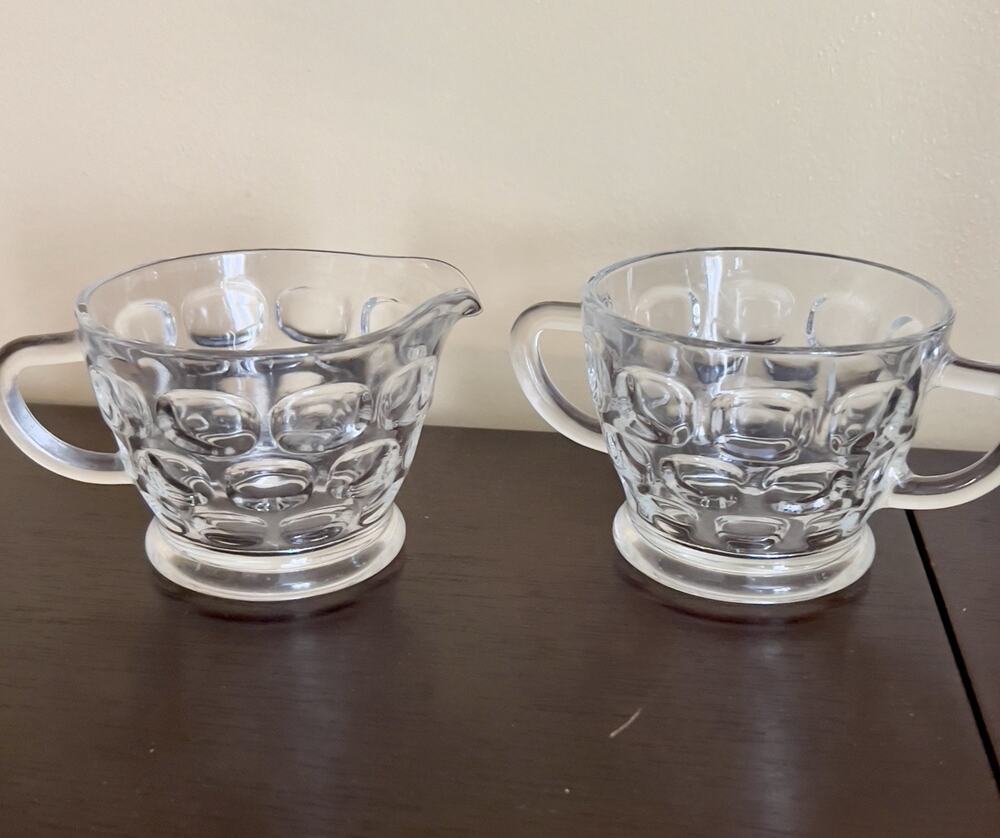 Vintage Federal Glass Yorktown Colonial Thumbprint Sugar Creamer Set Clear 1960s